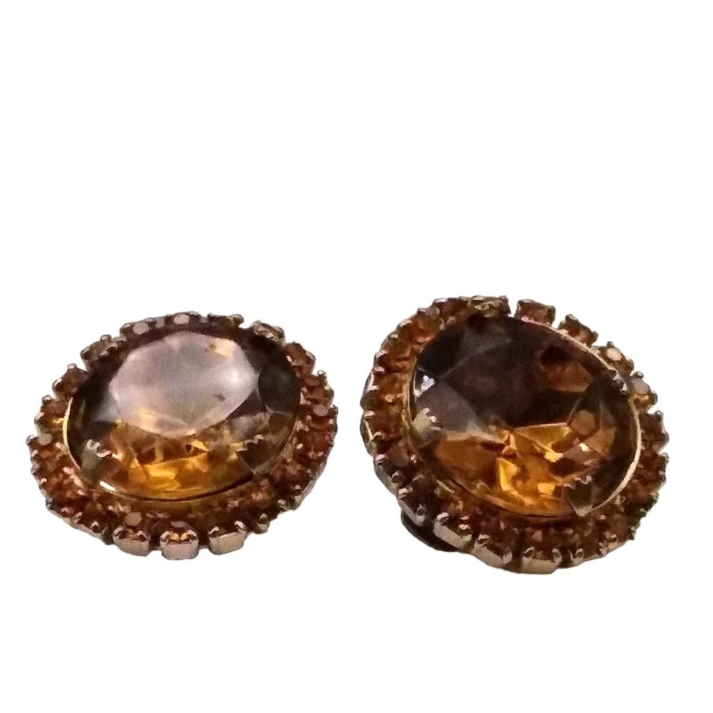Vintage Crystal Halo Sparkle Earrings, Clip On 1940s Glam, Faceted Topaz Colored - Picture 4 of 5